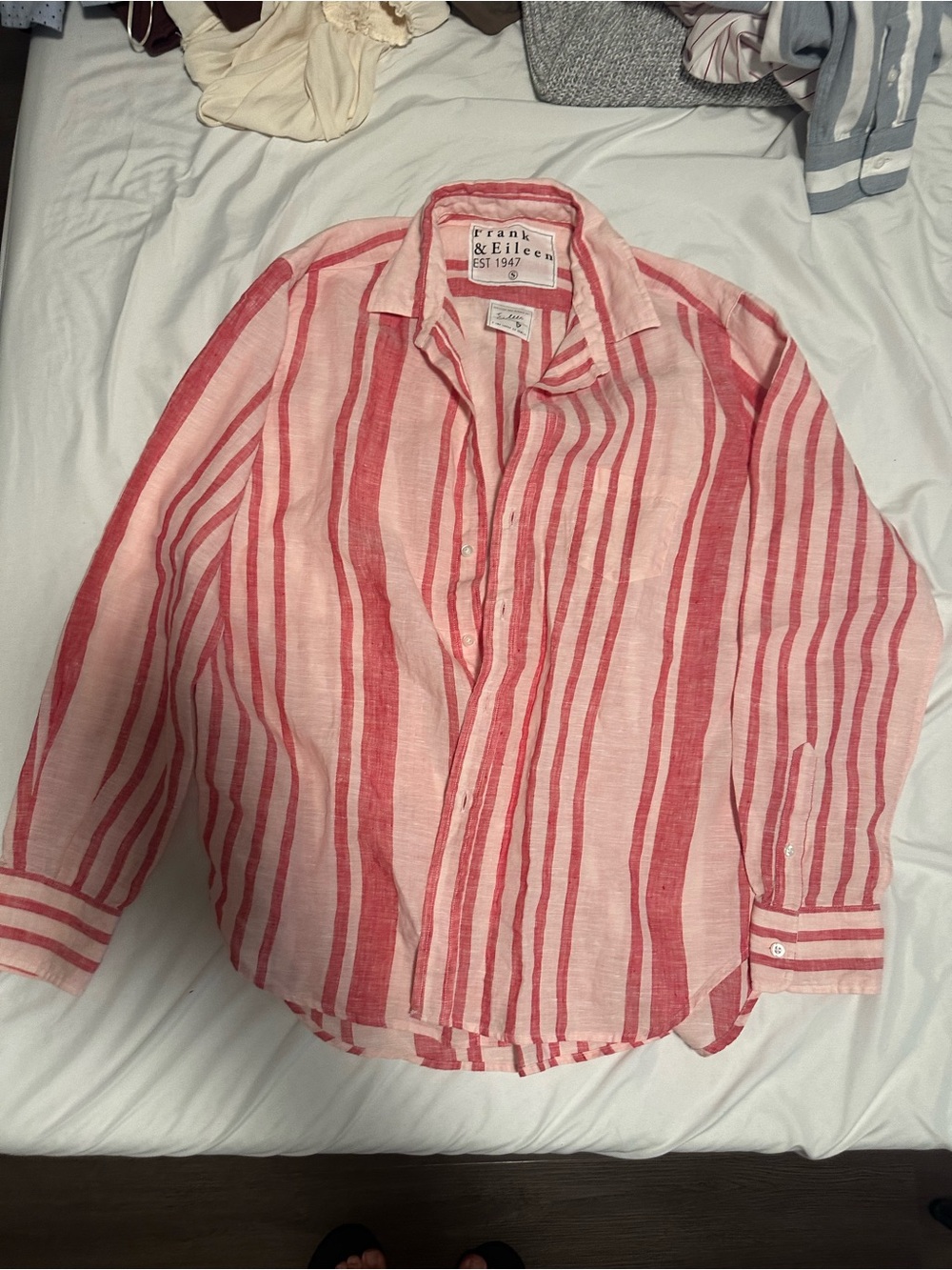 Frank & Eileen Red and White Striped Linen Button-Down Shirt
